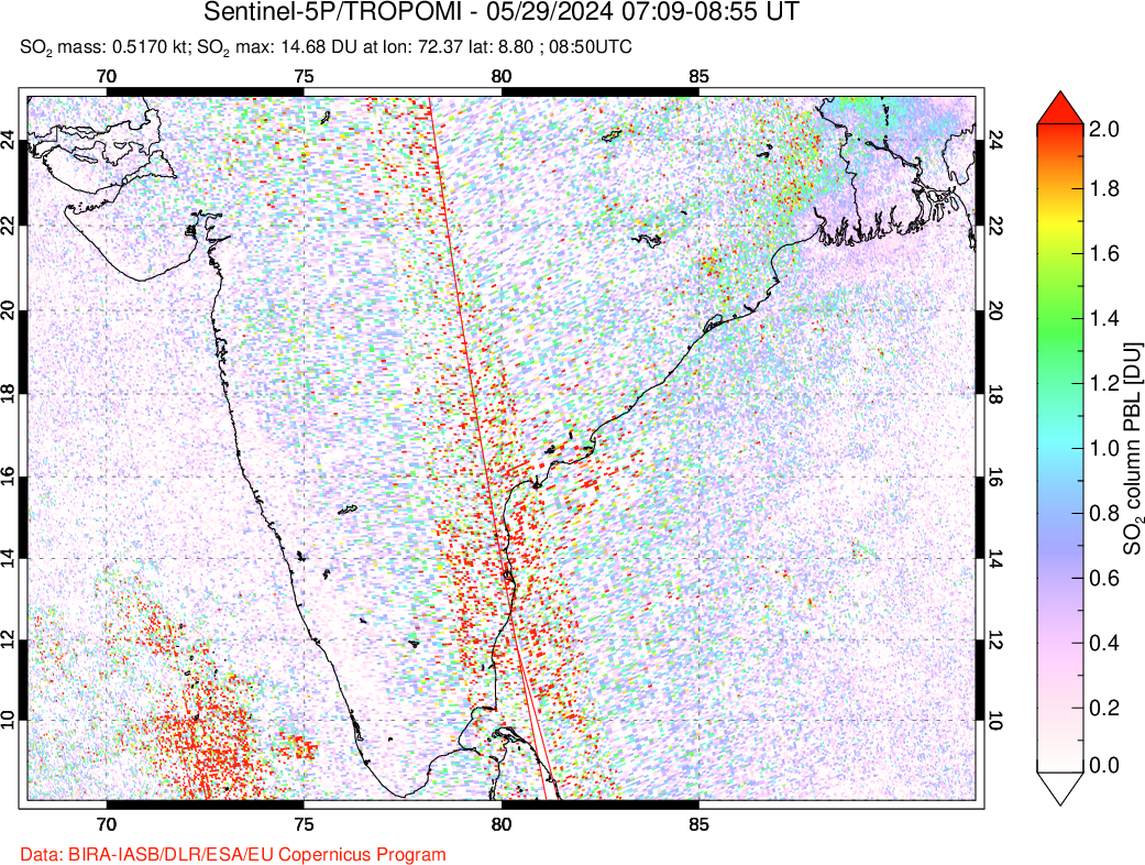 A sulfur dioxide image over India on May 29, 2024.