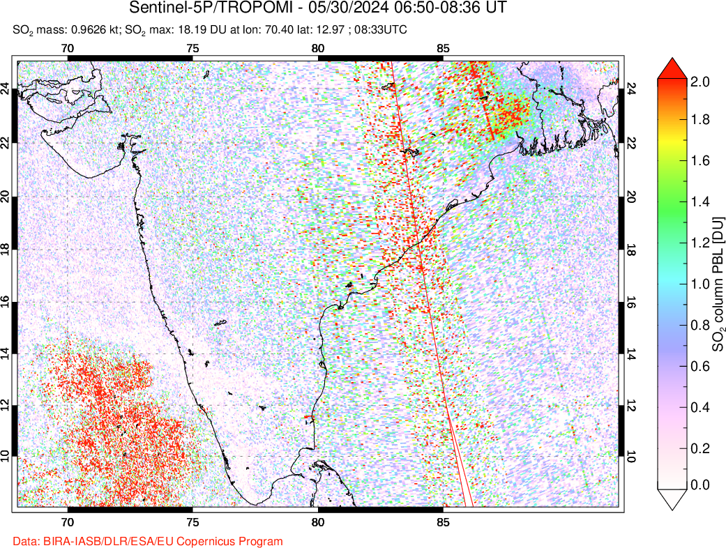 A sulfur dioxide image over India on May 30, 2024.