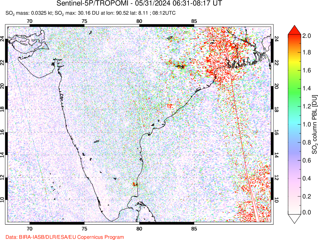 A sulfur dioxide image over India on May 31, 2024.