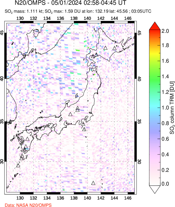 A sulfur dioxide image over Japan on May 01, 2024.