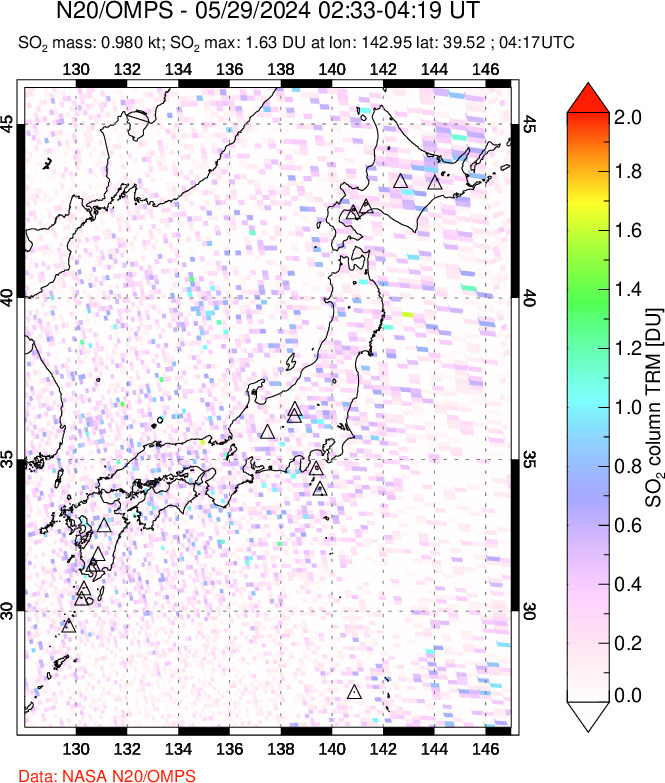 A sulfur dioxide image over Japan on May 29, 2024.