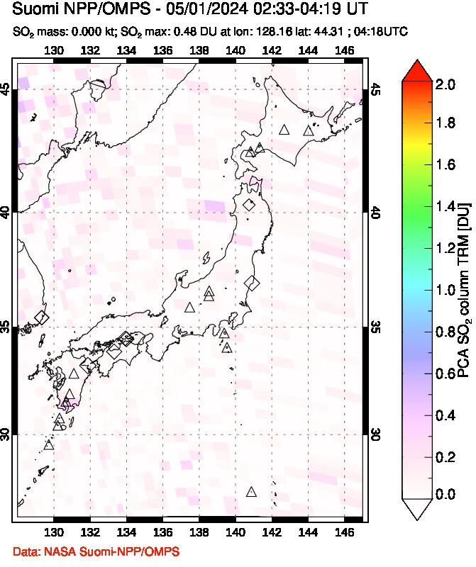 A sulfur dioxide image over Japan on May 01, 2024.