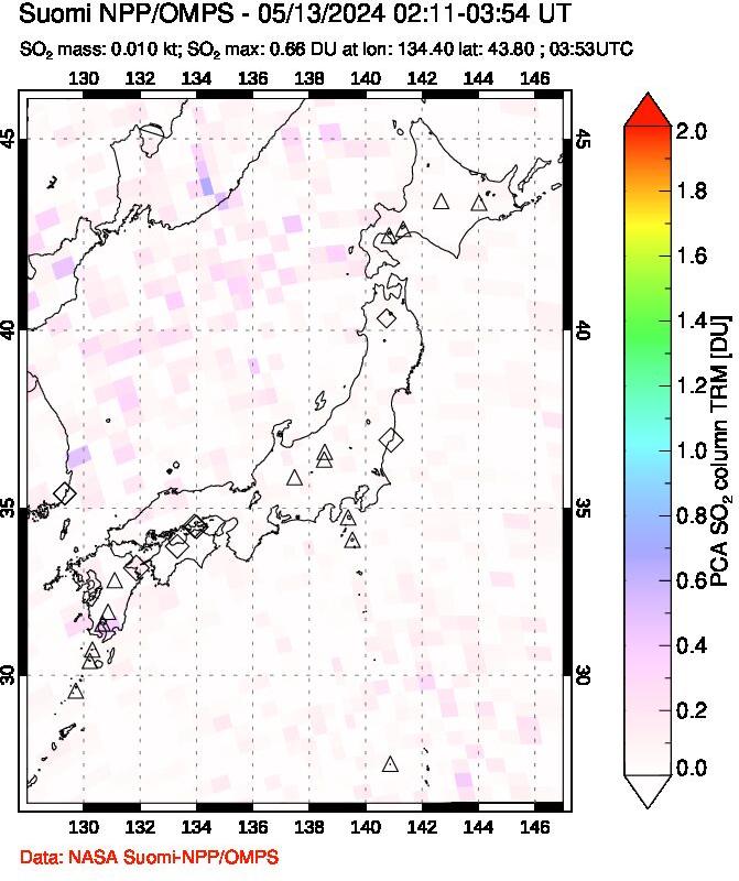 A sulfur dioxide image over Japan on May 13, 2024.