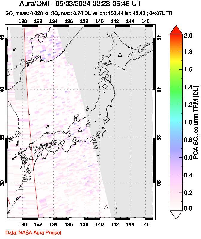 A sulfur dioxide image over Japan on May 03, 2024.