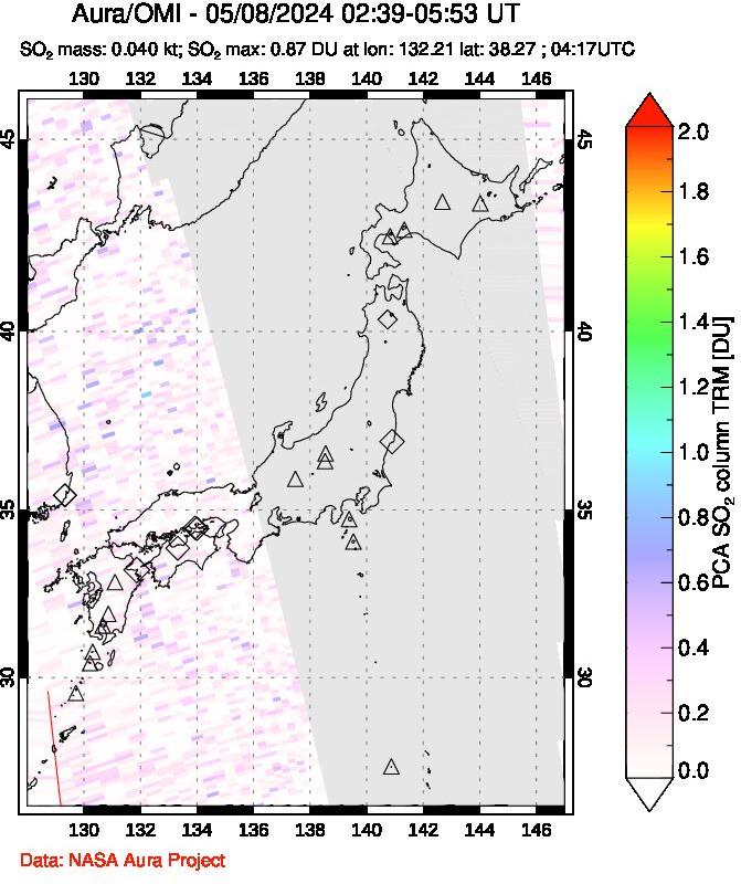 A sulfur dioxide image over Japan on May 08, 2024.