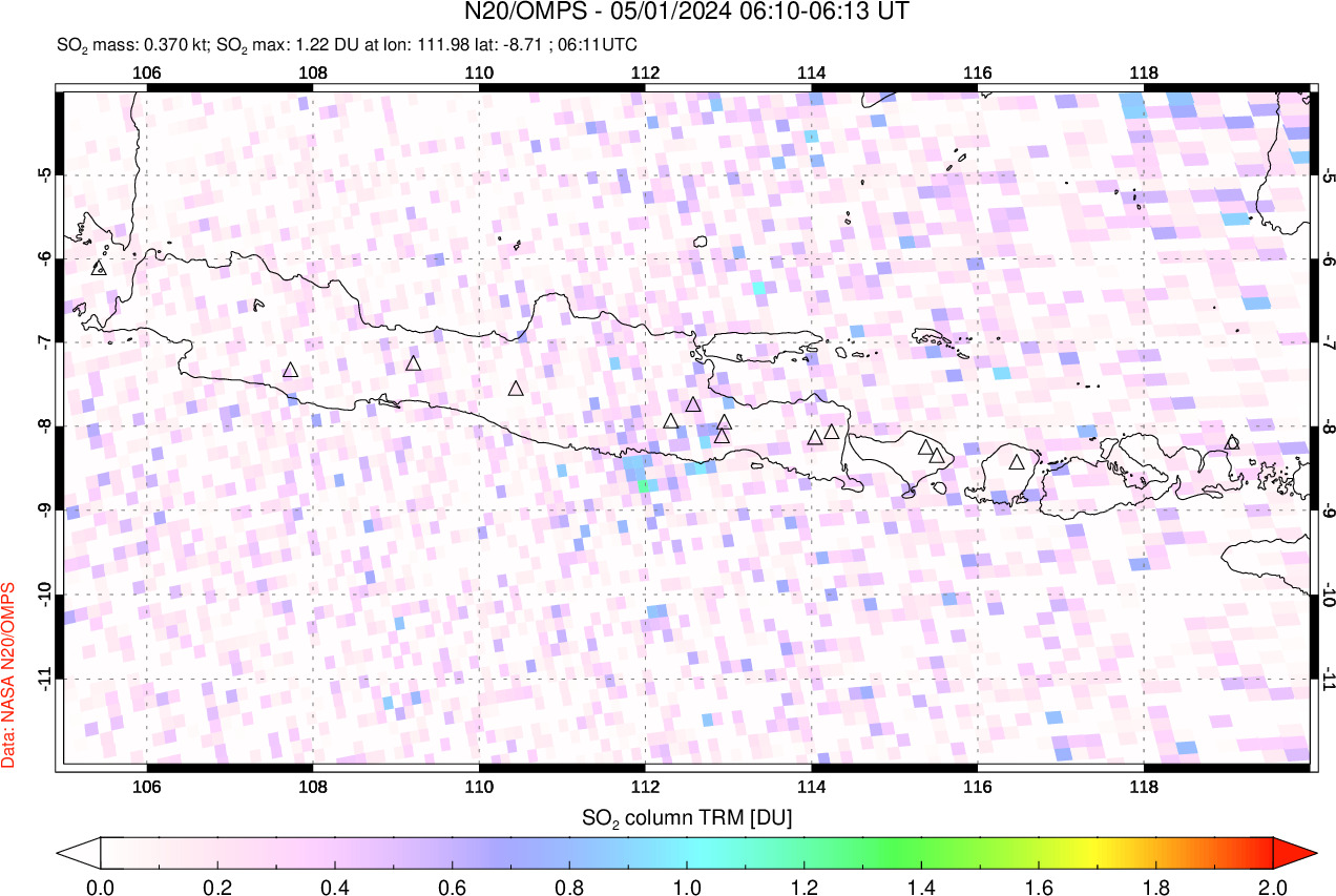 A sulfur dioxide image over Java, Indonesia on May 01, 2024.