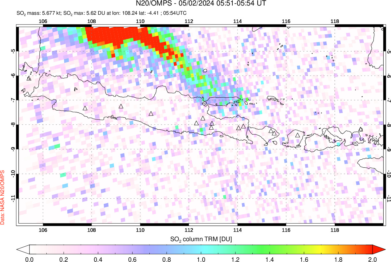 A sulfur dioxide image over Java, Indonesia on May 02, 2024.