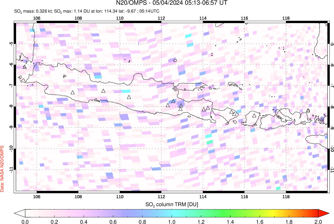 A sulfur dioxide image over Java, Indonesia on May 04, 2024.