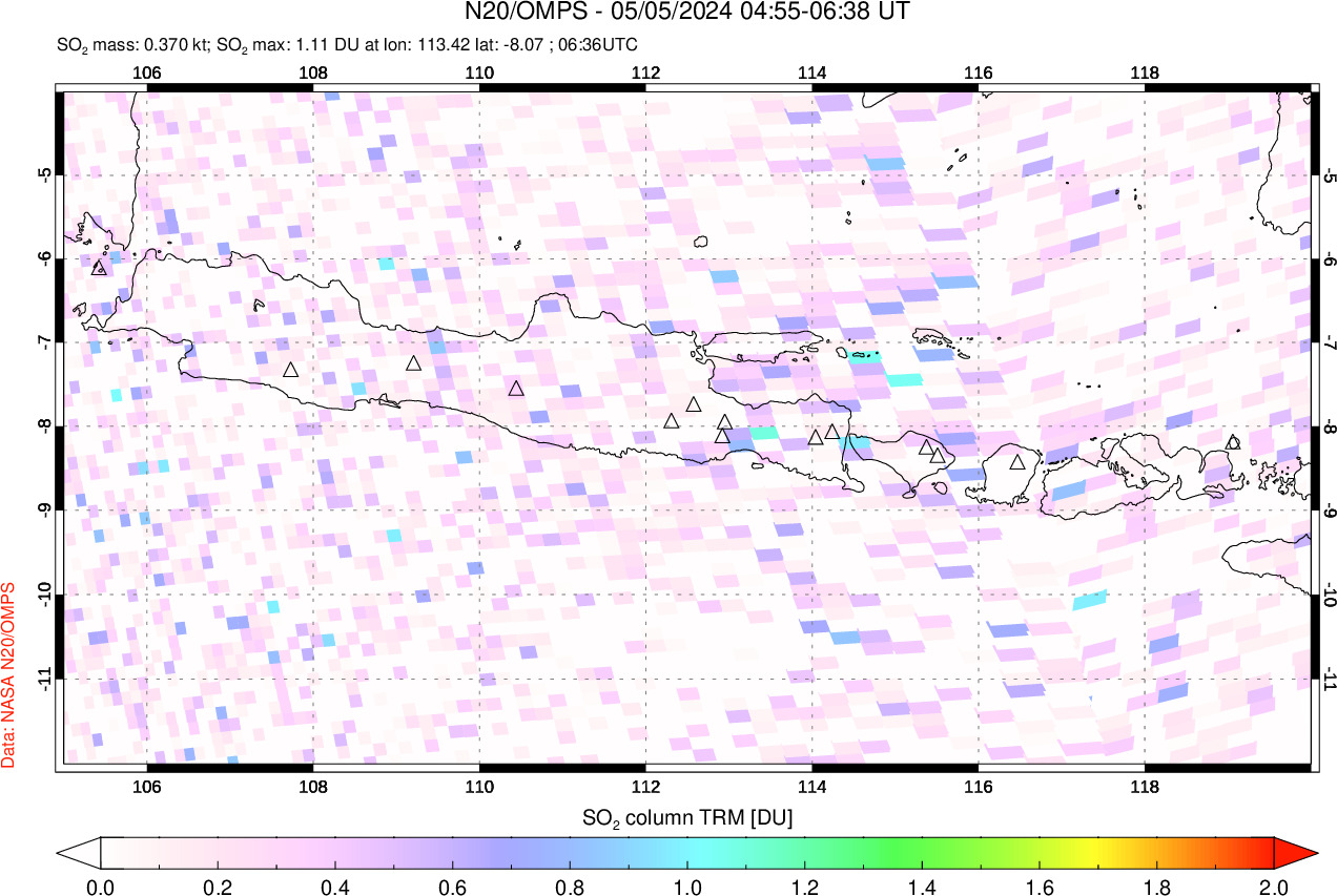 A sulfur dioxide image over Java, Indonesia on May 05, 2024.