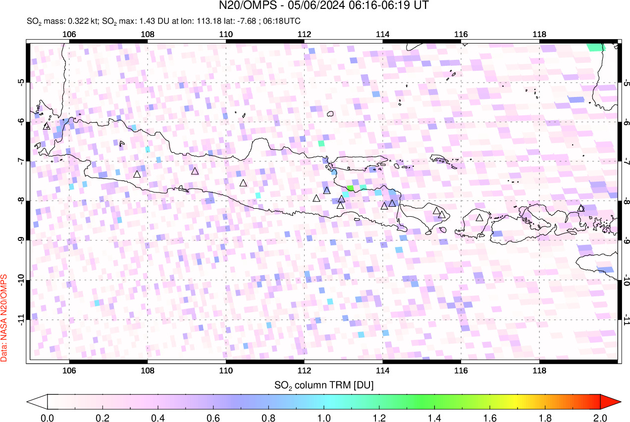 A sulfur dioxide image over Java, Indonesia on May 06, 2024.