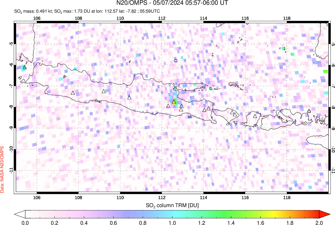 A sulfur dioxide image over Java, Indonesia on May 07, 2024.