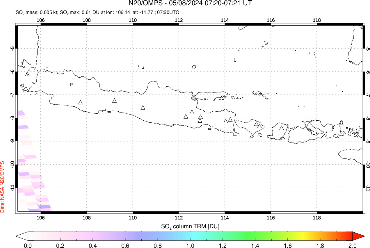 A sulfur dioxide image over Java, Indonesia on May 08, 2024.