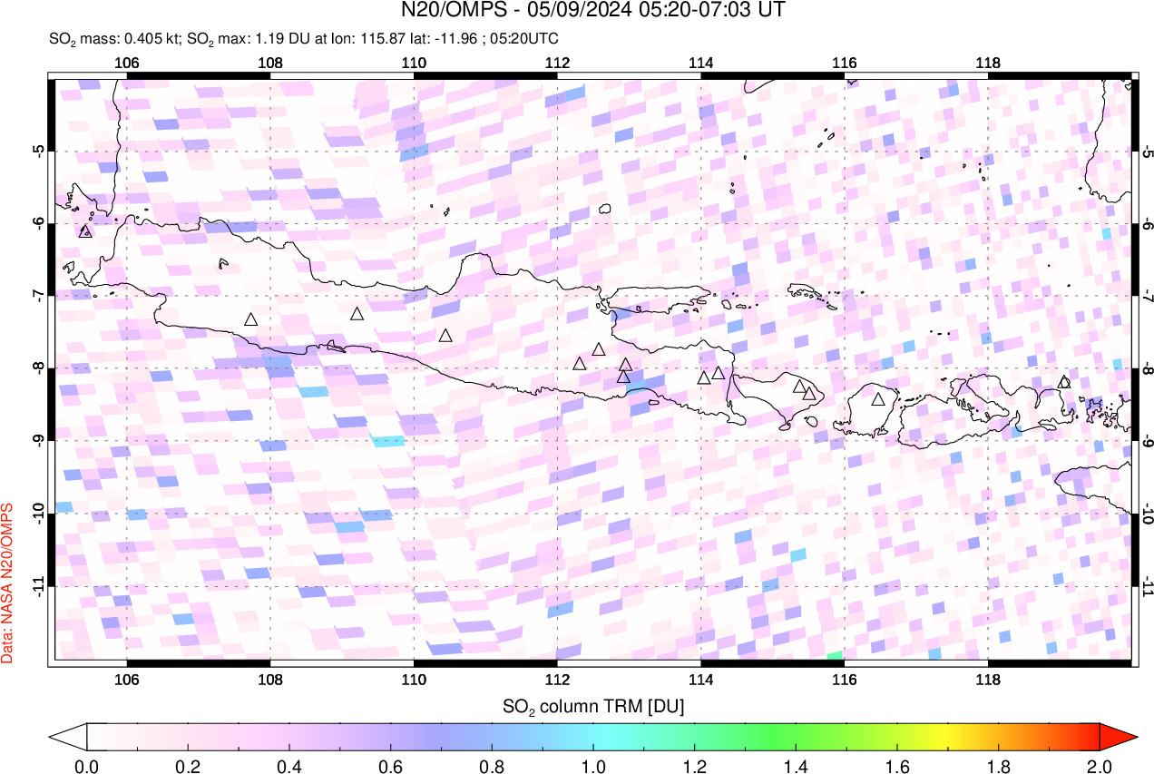 A sulfur dioxide image over Java, Indonesia on May 09, 2024.