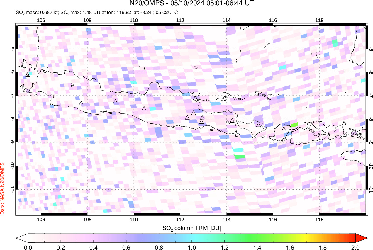 A sulfur dioxide image over Java, Indonesia on May 10, 2024.