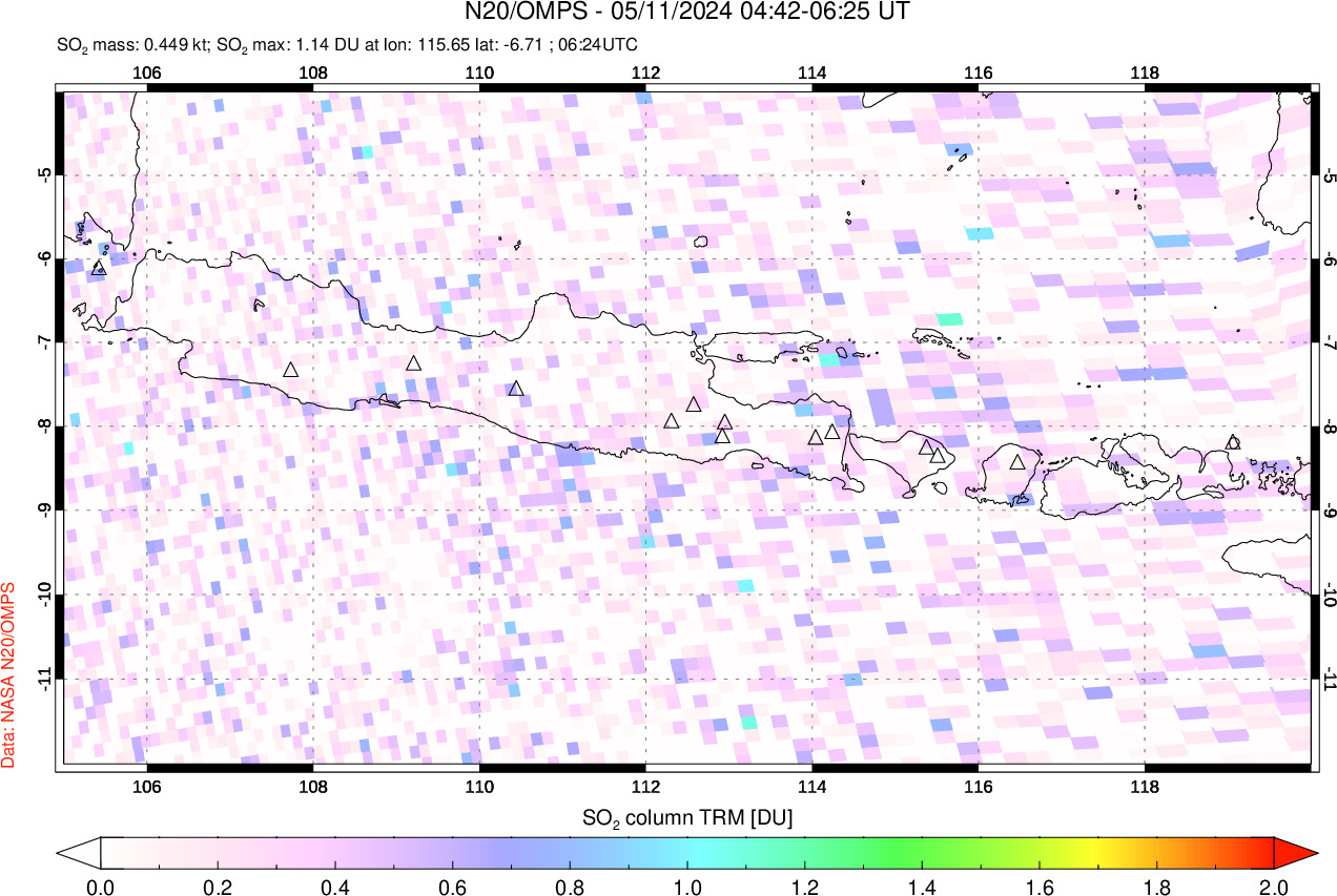 A sulfur dioxide image over Java, Indonesia on May 11, 2024.