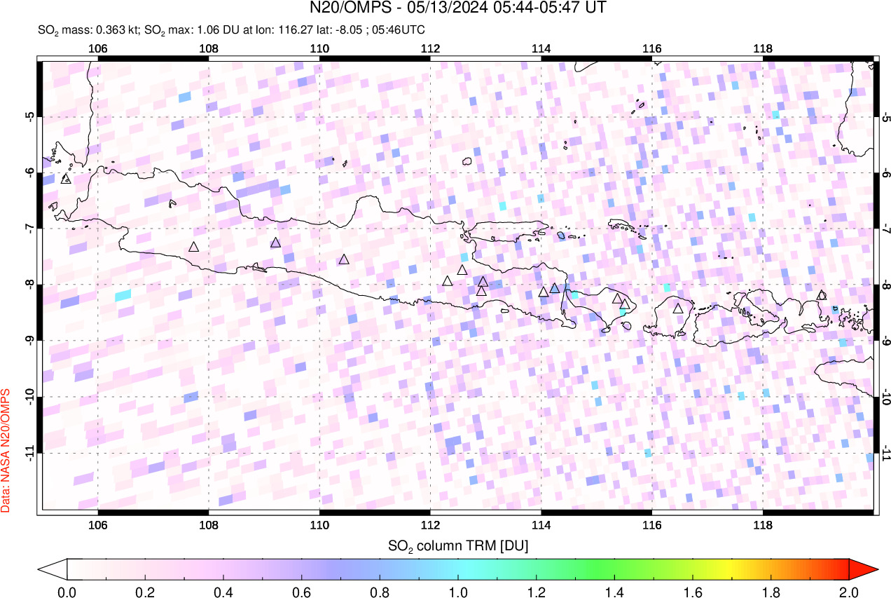 A sulfur dioxide image over Java, Indonesia on May 13, 2024.