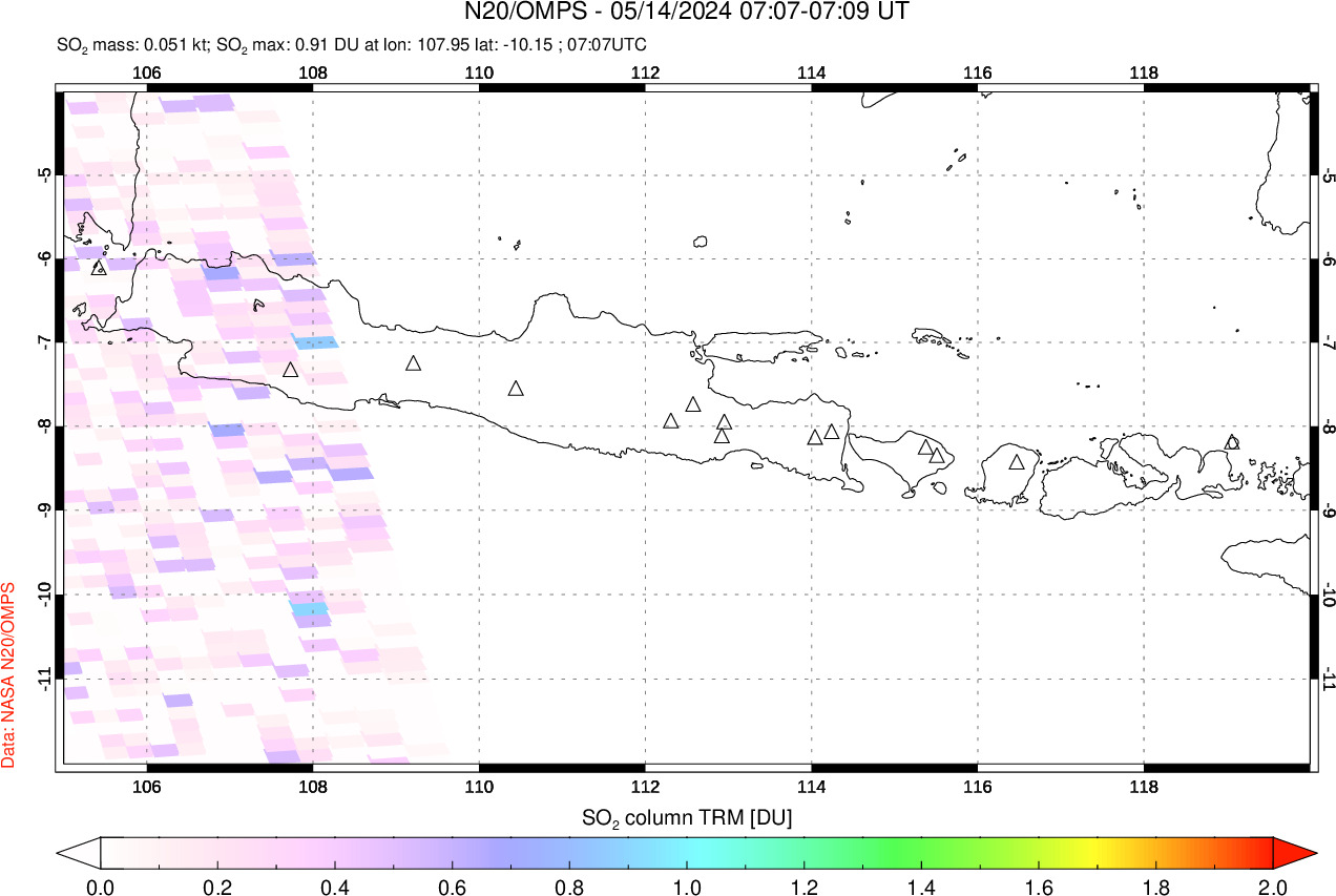 A sulfur dioxide image over Java, Indonesia on May 14, 2024.