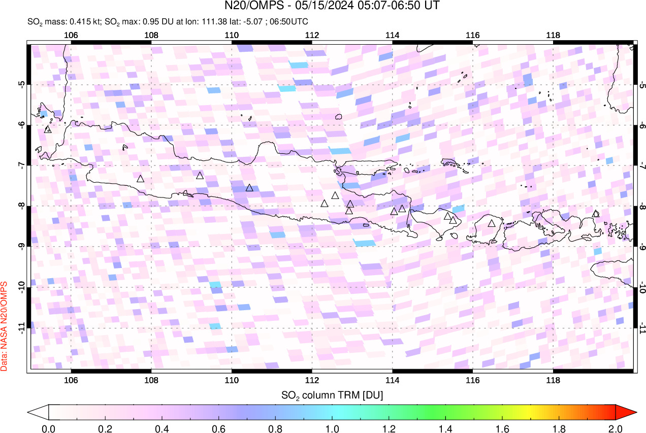 A sulfur dioxide image over Java, Indonesia on May 15, 2024.