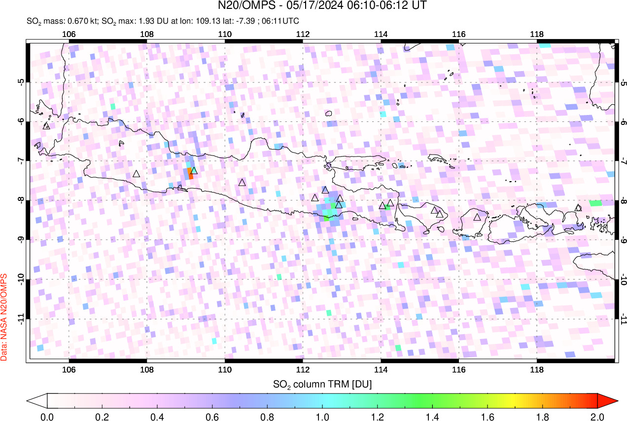 A sulfur dioxide image over Java, Indonesia on May 17, 2024.