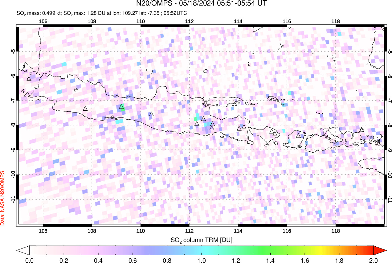 A sulfur dioxide image over Java, Indonesia on May 18, 2024.