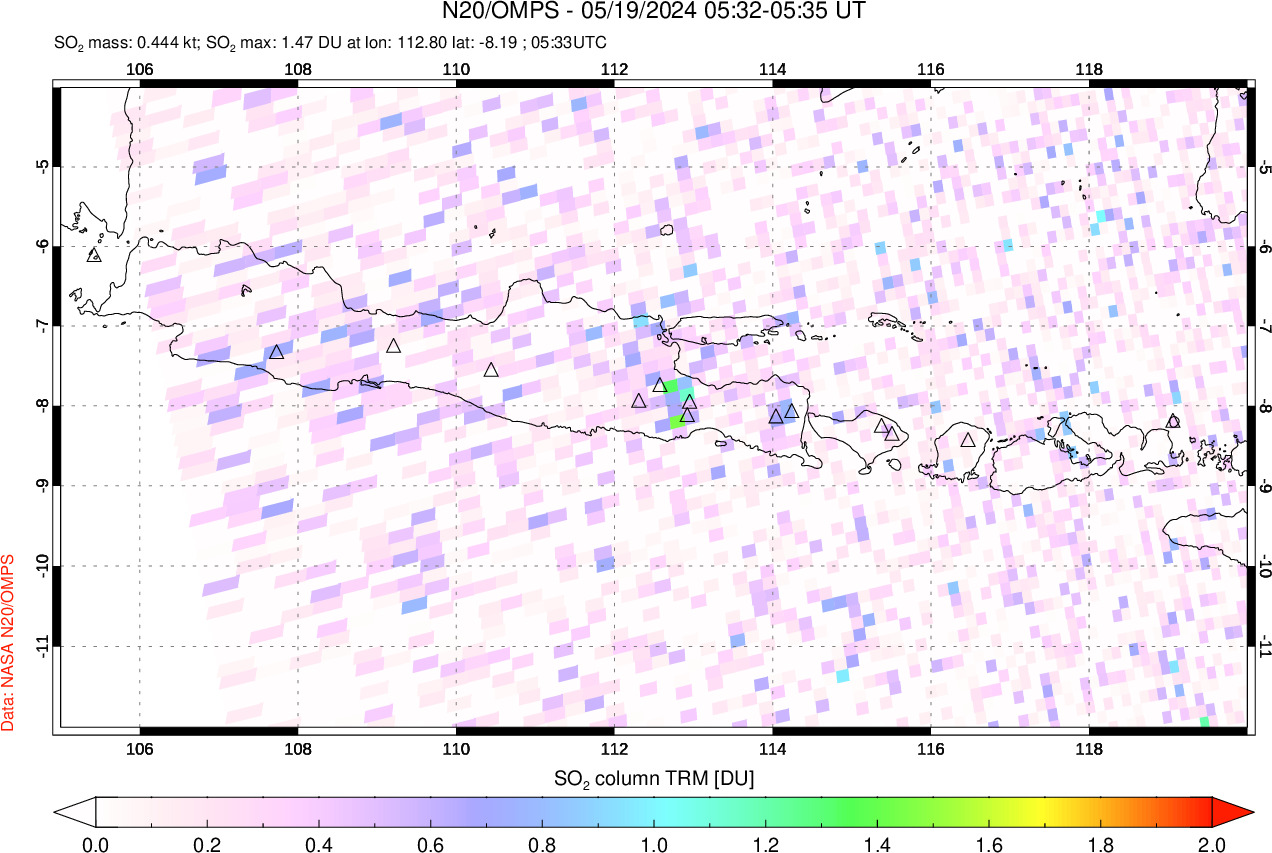 A sulfur dioxide image over Java, Indonesia on May 19, 2024.