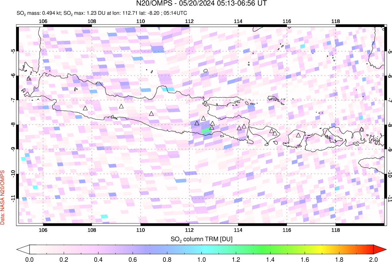 A sulfur dioxide image over Java, Indonesia on May 20, 2024.