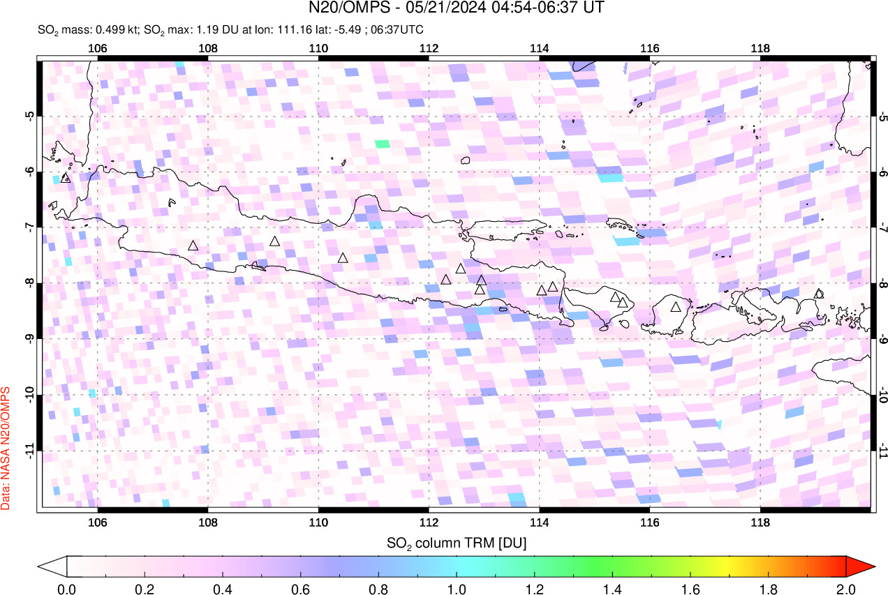 A sulfur dioxide image over Java, Indonesia on May 21, 2024.