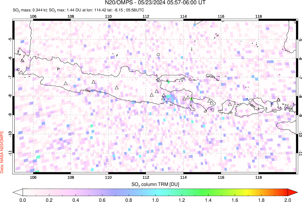 A sulfur dioxide image over Java, Indonesia on May 23, 2024.