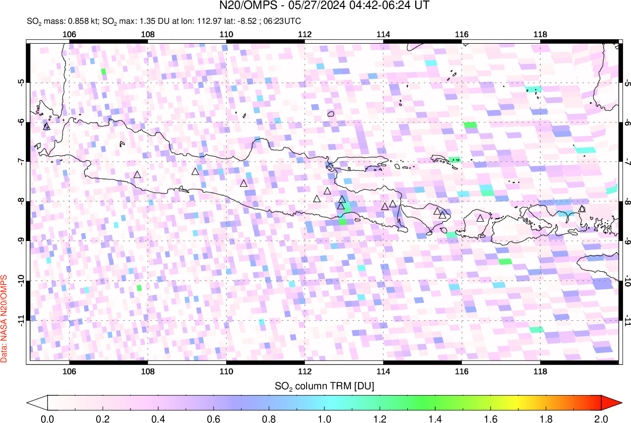 A sulfur dioxide image over Java, Indonesia on May 27, 2024.