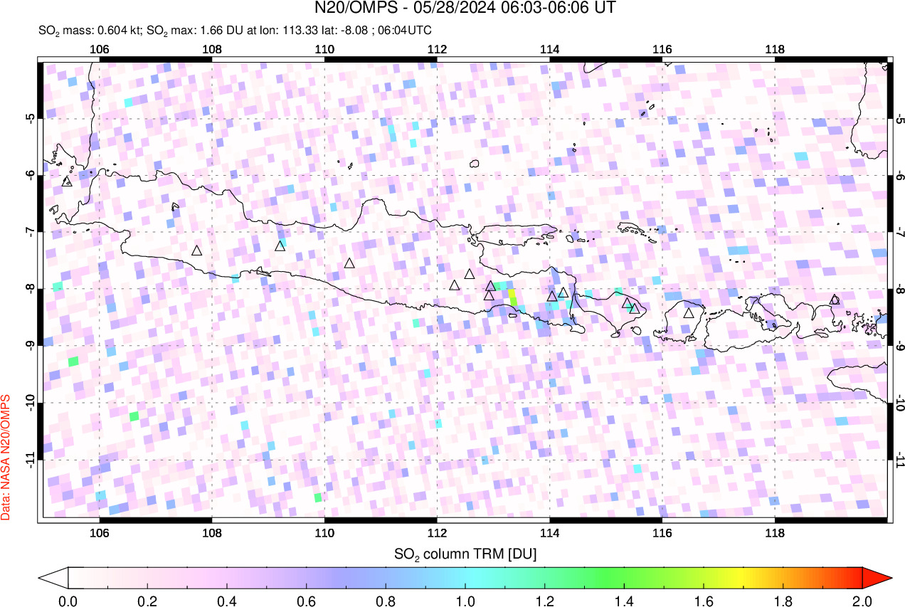 A sulfur dioxide image over Java, Indonesia on May 28, 2024.