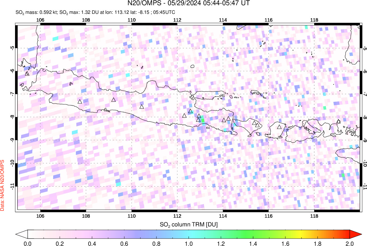 A sulfur dioxide image over Java, Indonesia on May 29, 2024.