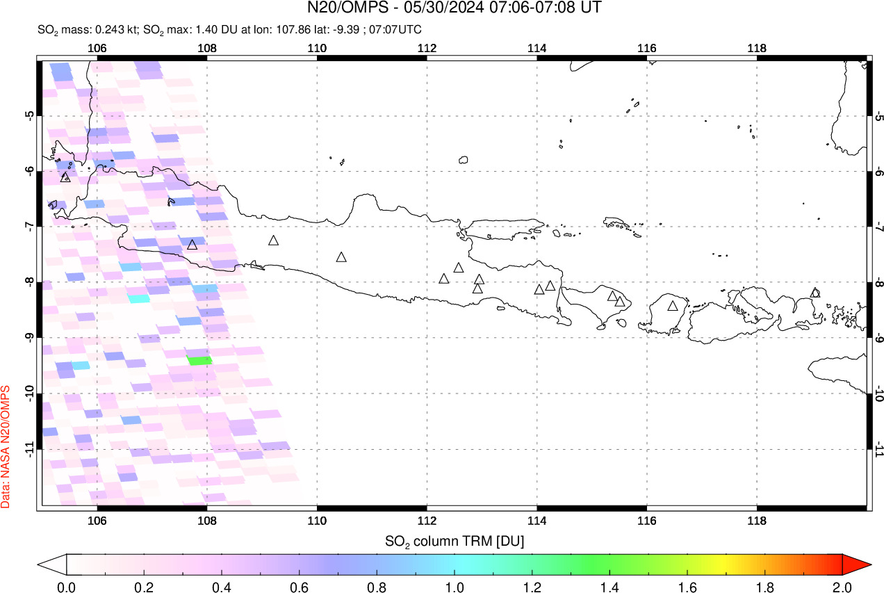 A sulfur dioxide image over Java, Indonesia on May 30, 2024.