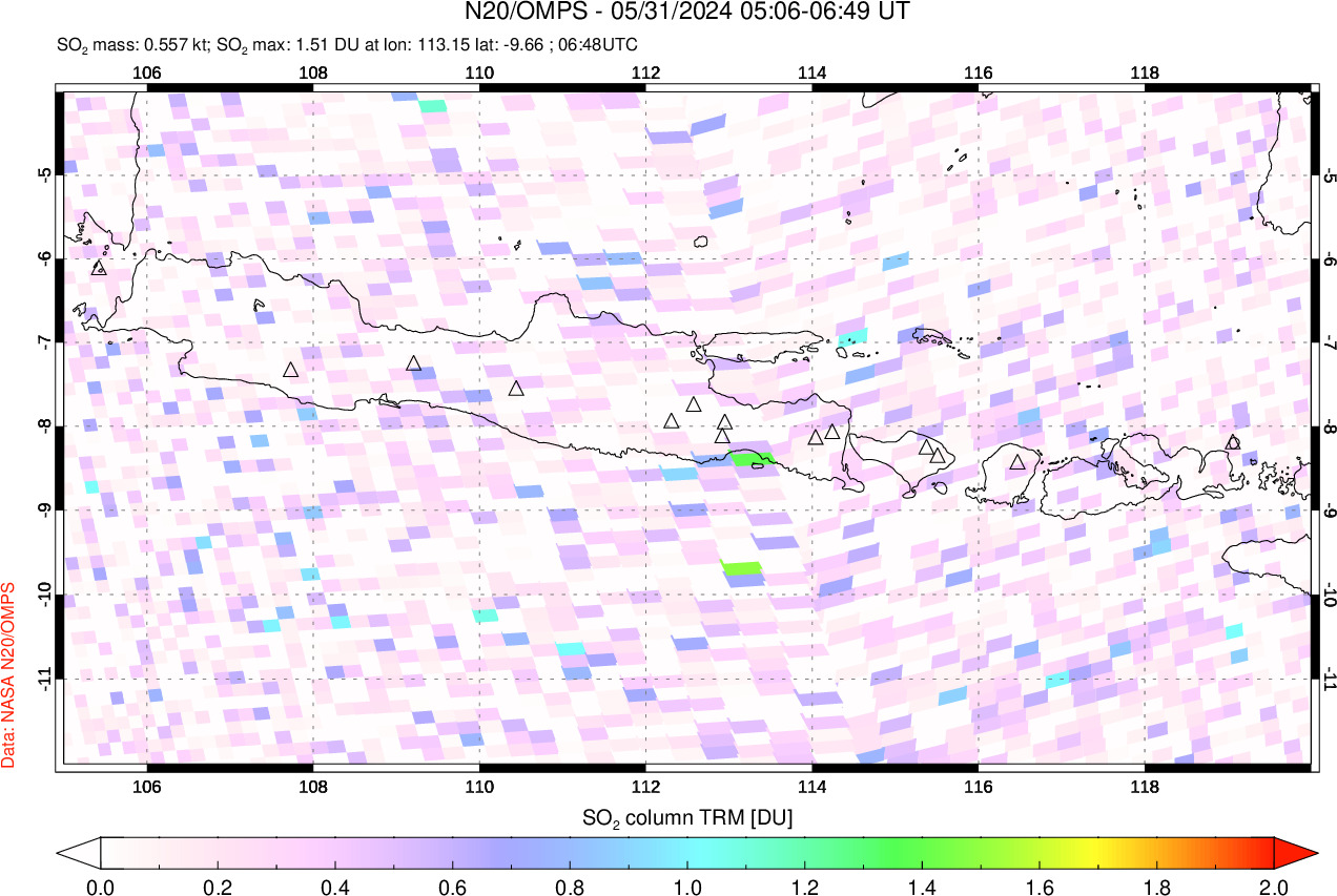 A sulfur dioxide image over Java, Indonesia on May 31, 2024.