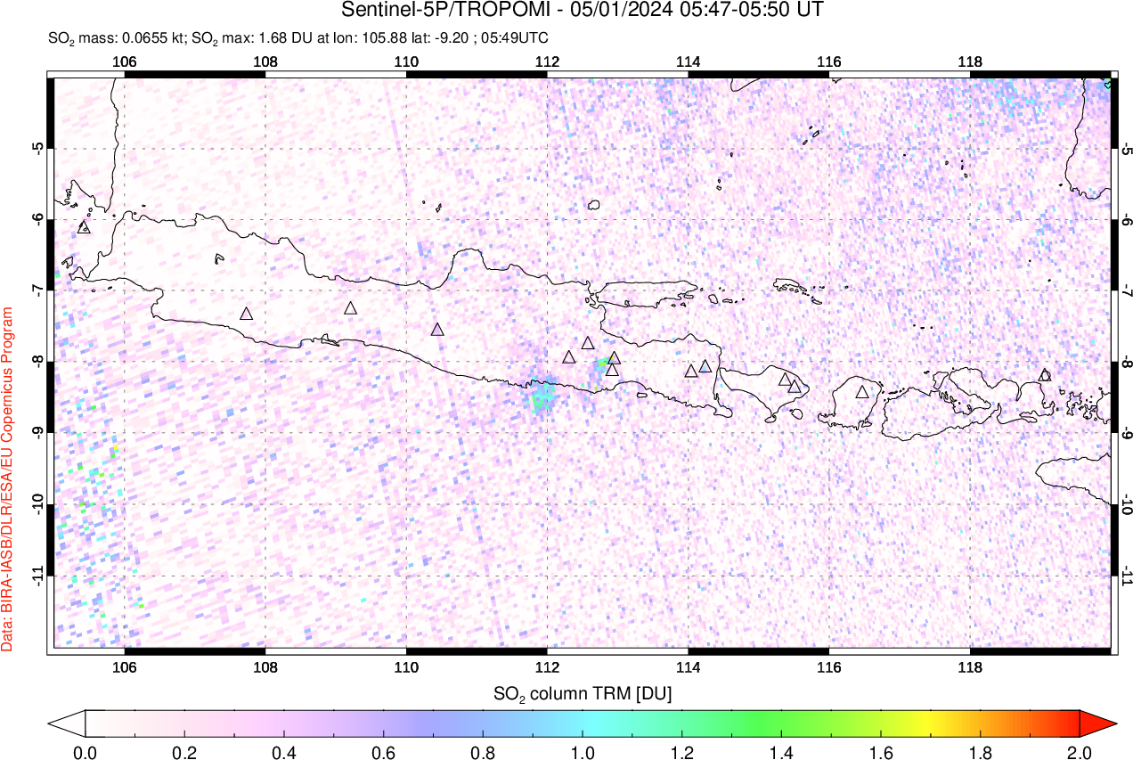 A sulfur dioxide image over Java, Indonesia on May 01, 2024.