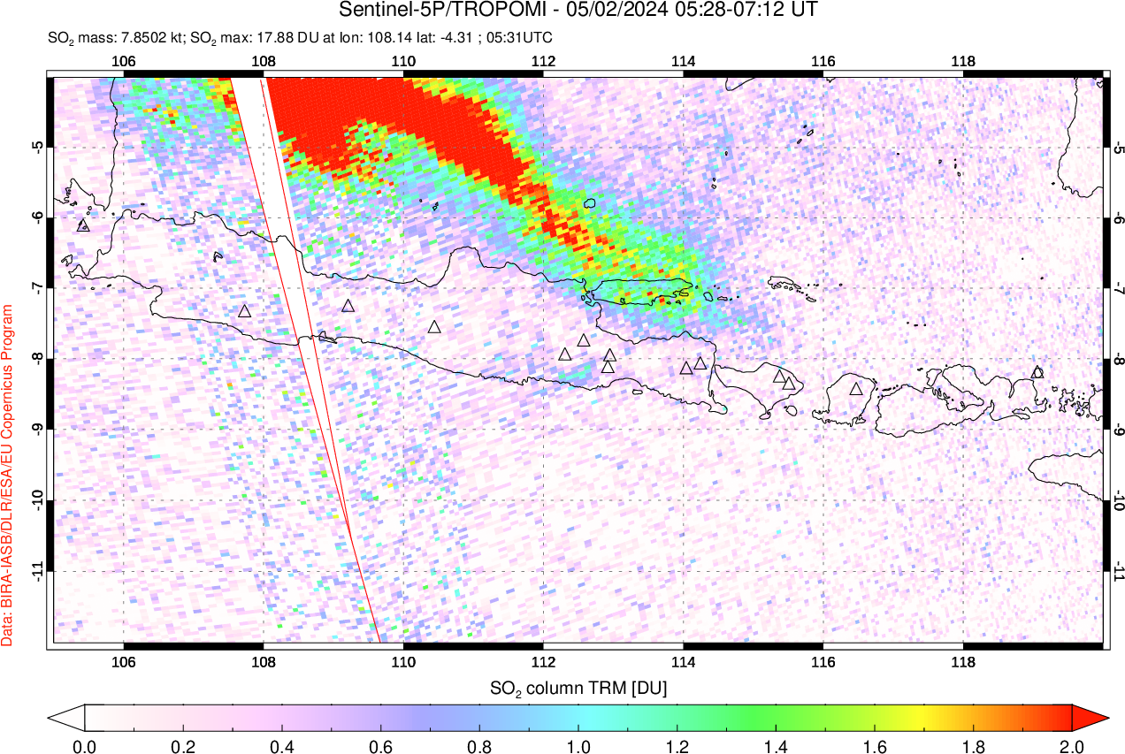 A sulfur dioxide image over Java, Indonesia on May 02, 2024.