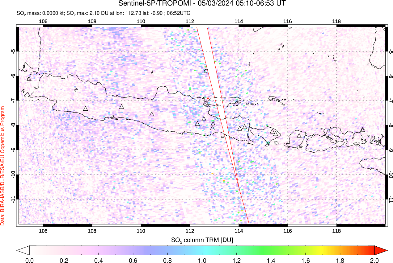 A sulfur dioxide image over Java, Indonesia on May 03, 2024.