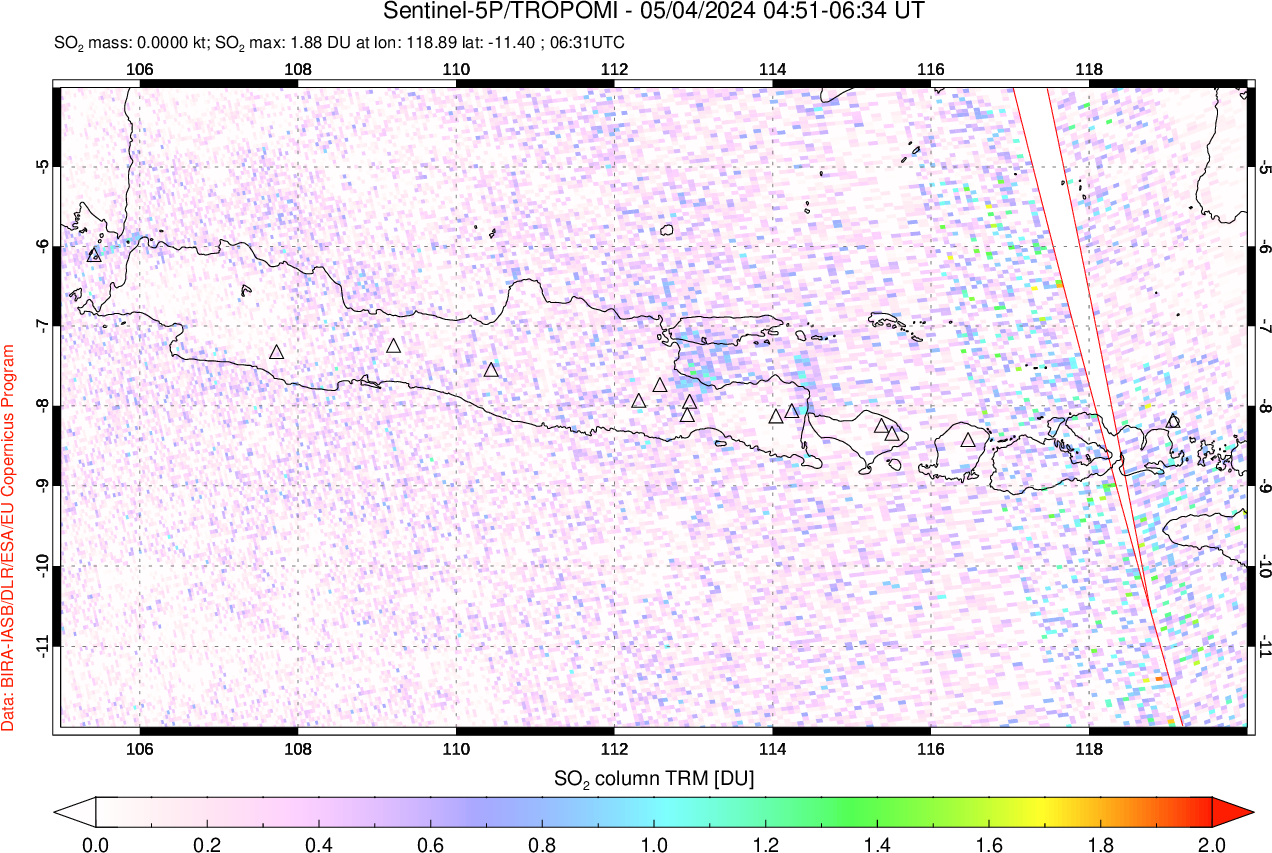 A sulfur dioxide image over Java, Indonesia on May 04, 2024.