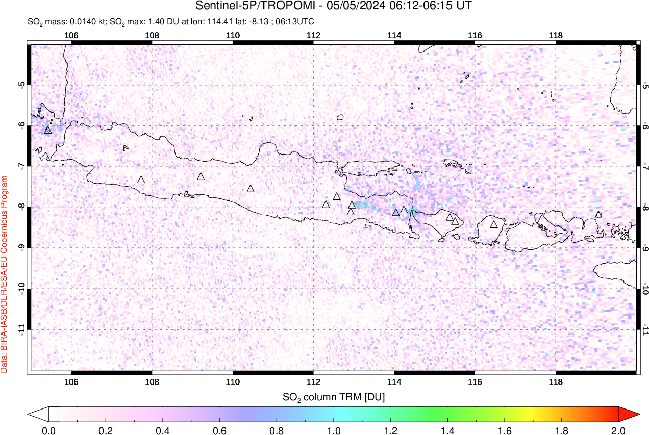 A sulfur dioxide image over Java, Indonesia on May 05, 2024.