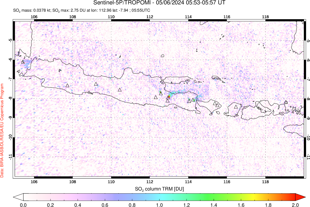 A sulfur dioxide image over Java, Indonesia on May 06, 2024.