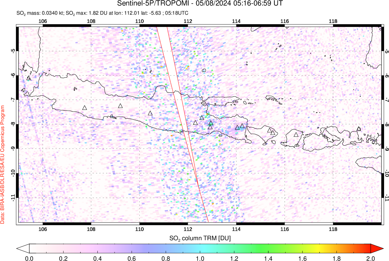 A sulfur dioxide image over Java, Indonesia on May 08, 2024.