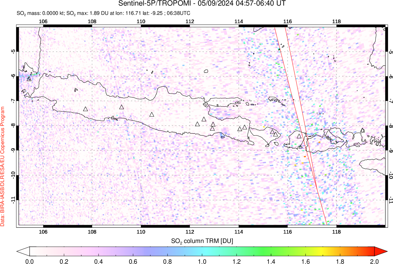 A sulfur dioxide image over Java, Indonesia on May 09, 2024.