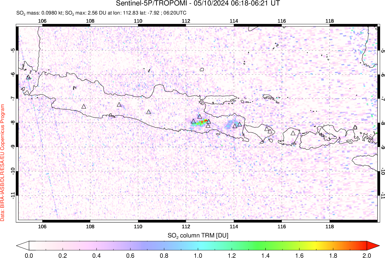 A sulfur dioxide image over Java, Indonesia on May 10, 2024.