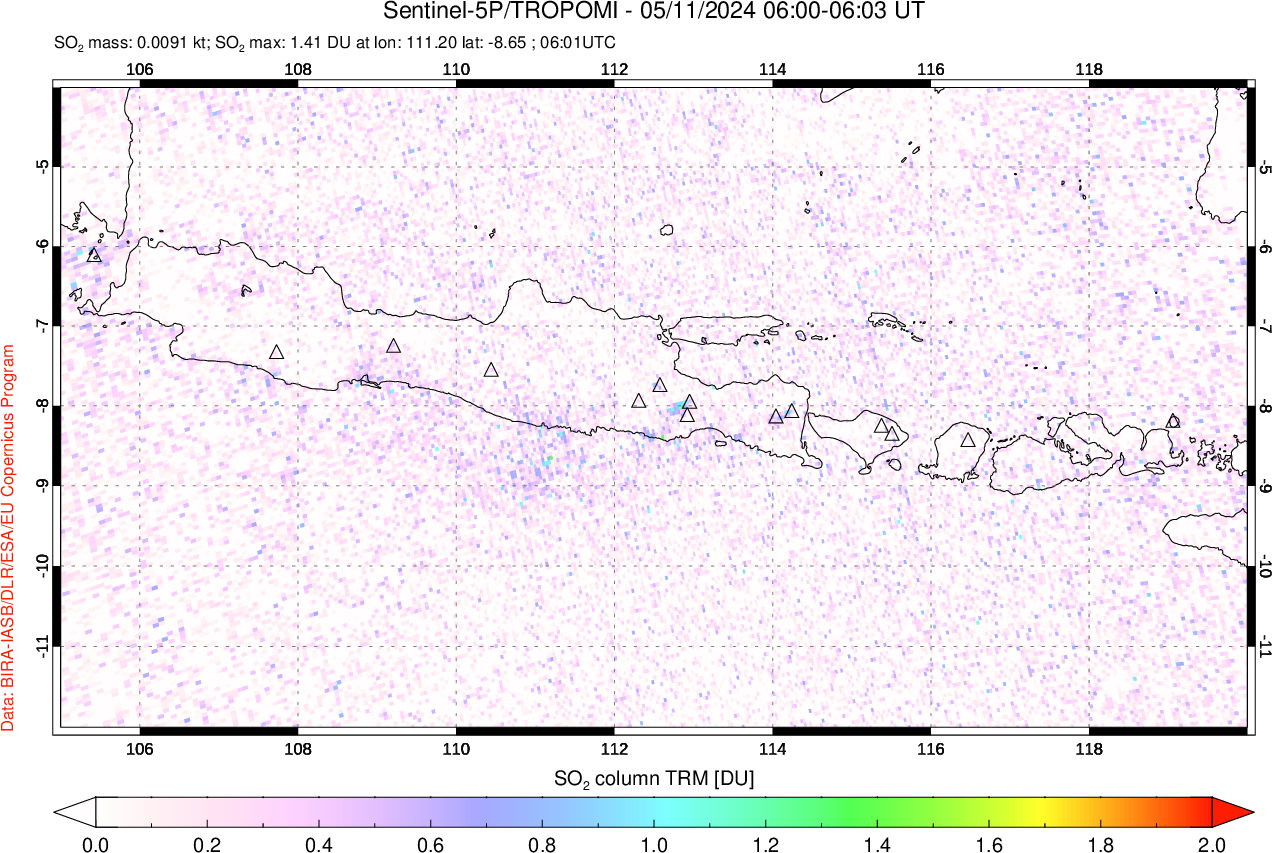 A sulfur dioxide image over Java, Indonesia on May 11, 2024.