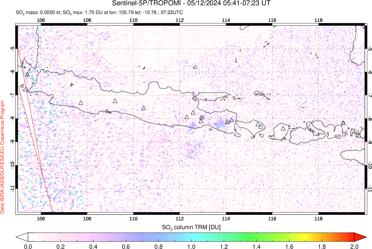 A sulfur dioxide image over Java, Indonesia on May 12, 2024.