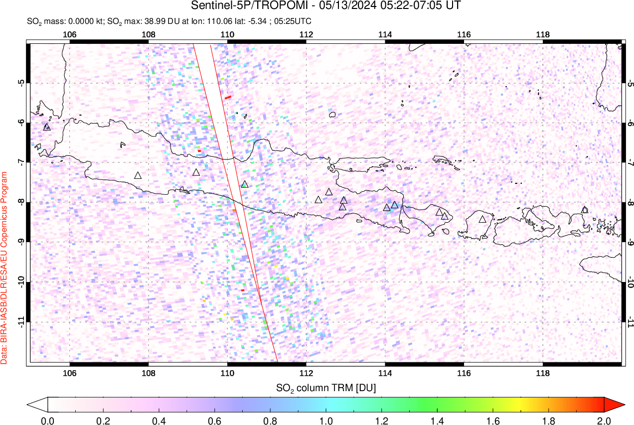 A sulfur dioxide image over Java, Indonesia on May 13, 2024.