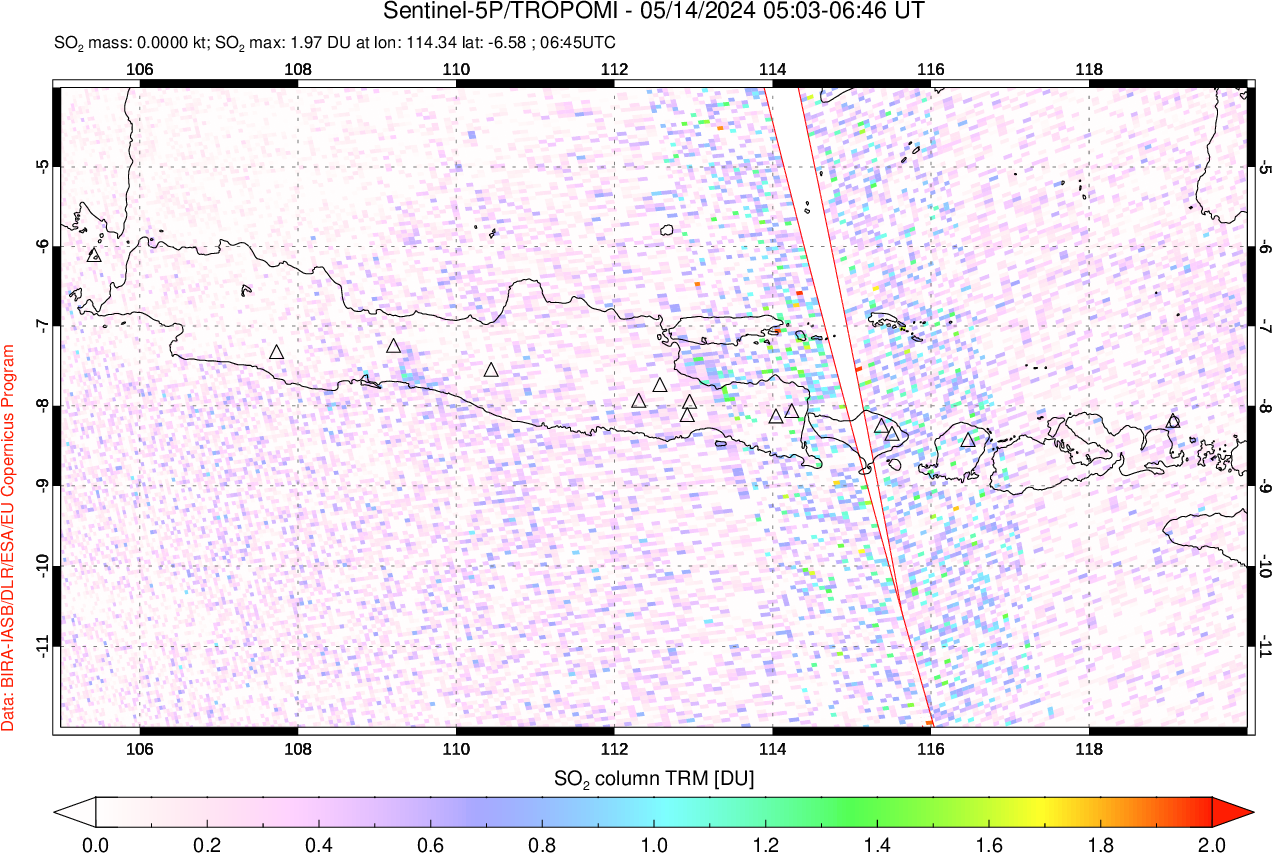 A sulfur dioxide image over Java, Indonesia on May 14, 2024.