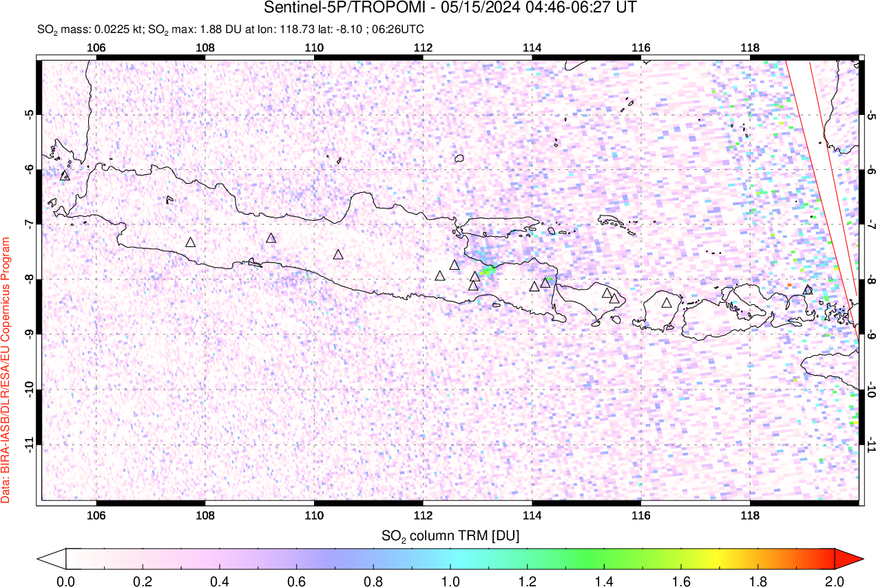 A sulfur dioxide image over Java, Indonesia on May 15, 2024.