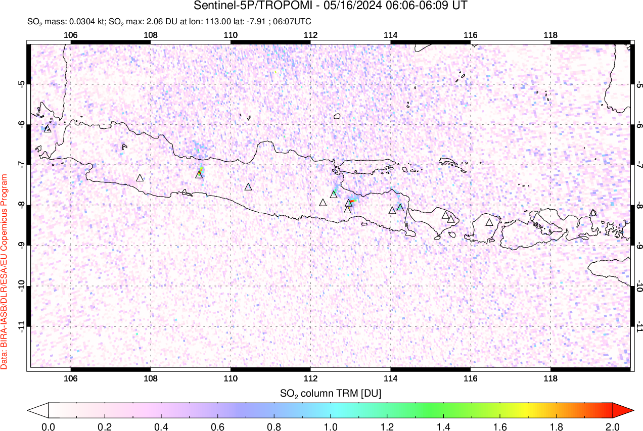 A sulfur dioxide image over Java, Indonesia on May 16, 2024.