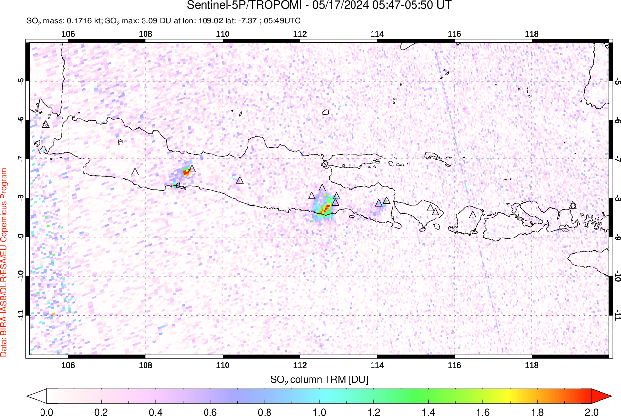 A sulfur dioxide image over Java, Indonesia on May 17, 2024.