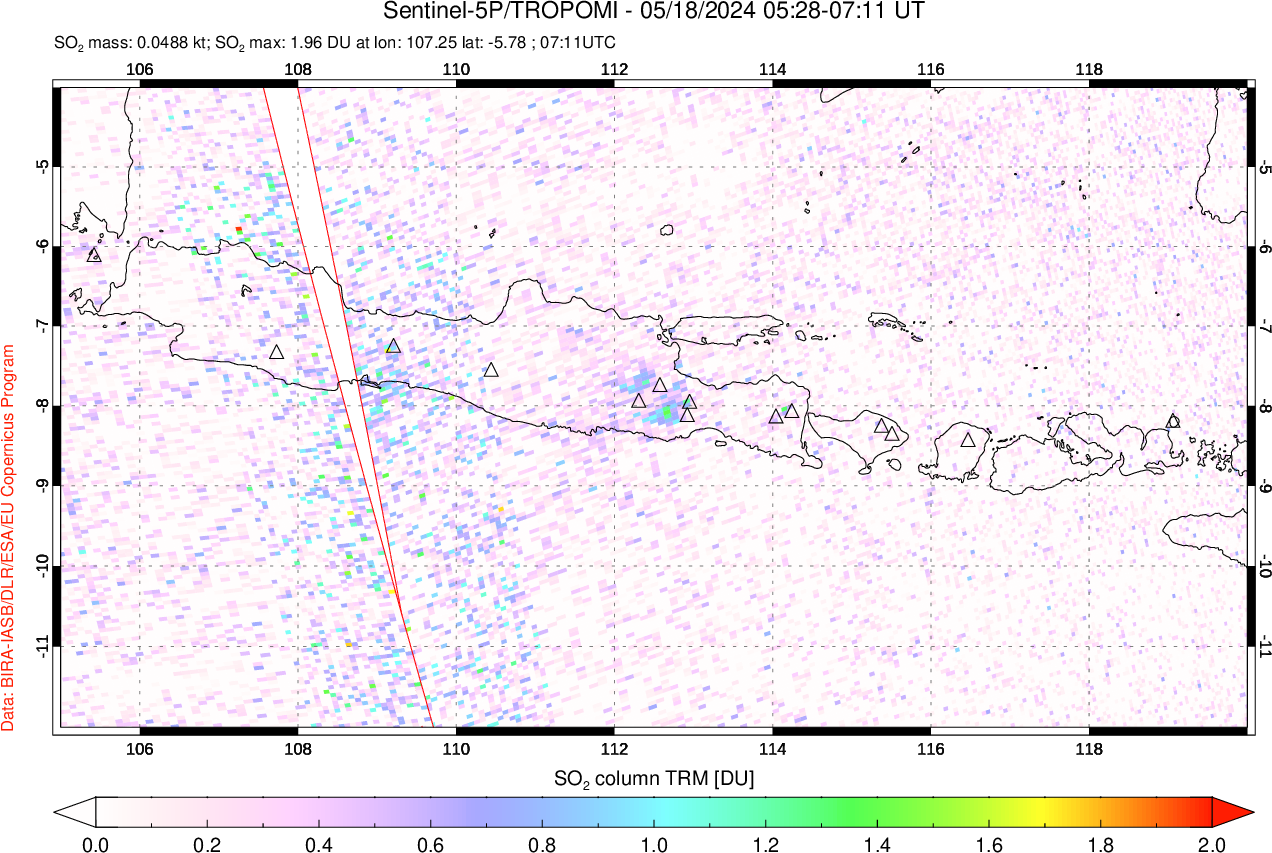 A sulfur dioxide image over Java, Indonesia on May 18, 2024.